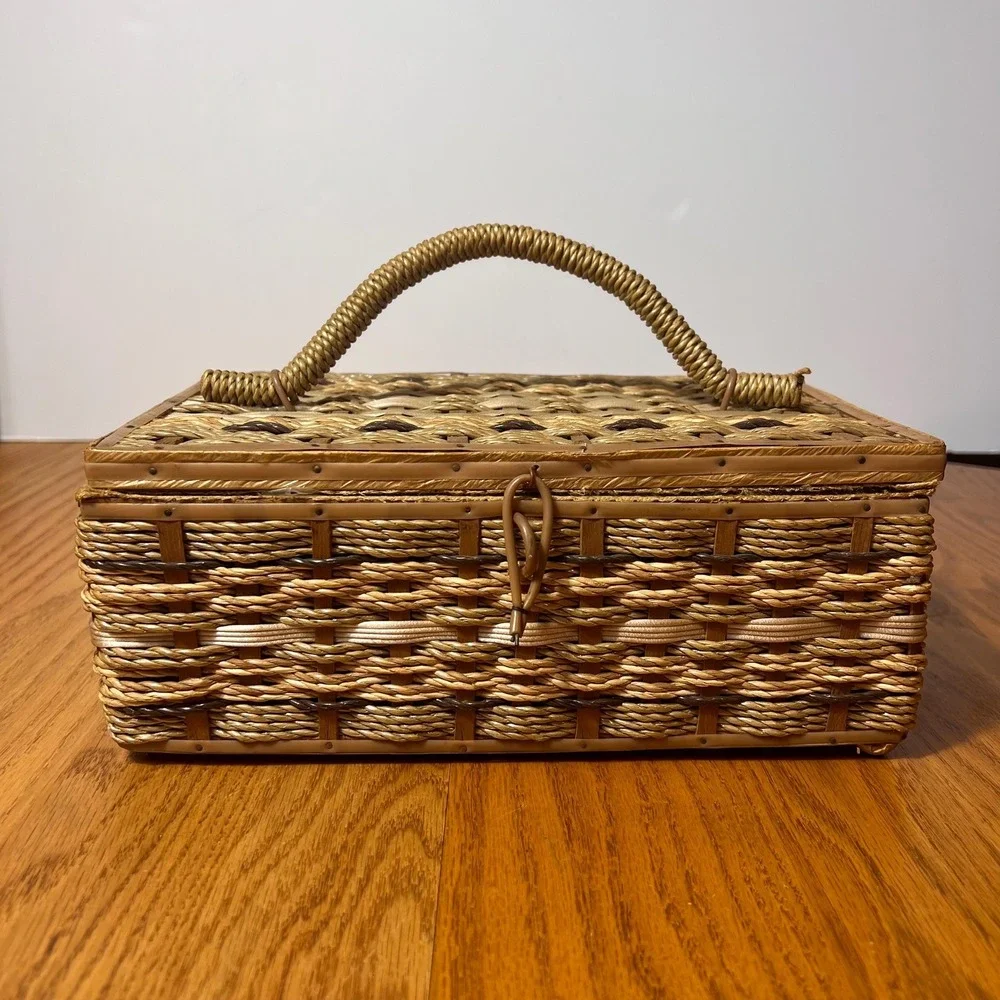 VTG Woven Sewing Basket Made in Japan Lidded Box w/ Handle Mid Century Craft *
